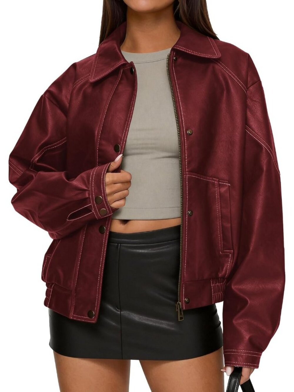 Women's Dark Red Faux Leather Oversized Motorcycle Bomber Jacket ZIP Up Coat
